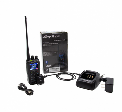 Anytone AT-D878UVII Plus digital dual-band radio with encryption, charger, and accessories displayed.