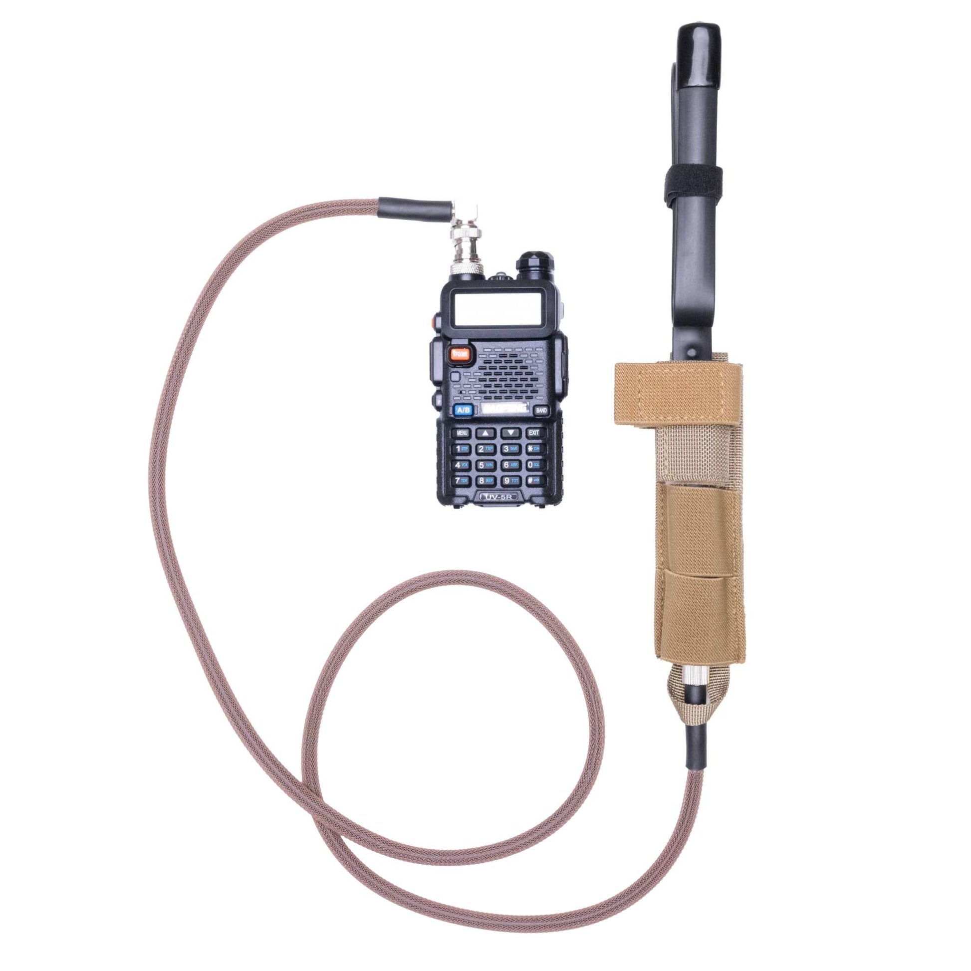 Durable BNC antenna relocation cable with protective sleeve for tactical and outdoor radio communication.