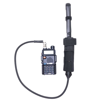 Durable BNC antenna relocation cable with protective sleeve for tactical outdoor radio communication.