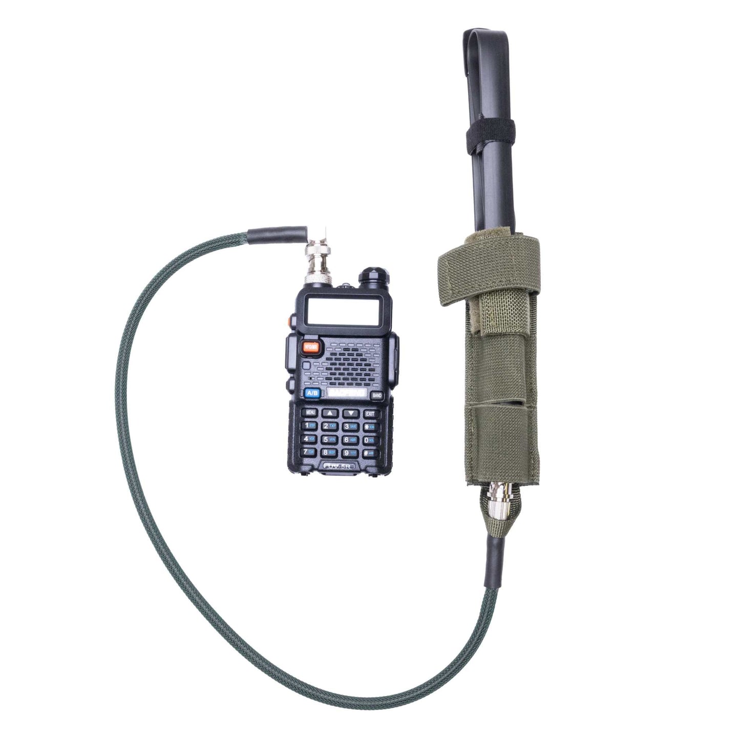 Durable BNC Antenna Relocation Cable for Tactical Radio Communication, shown with sleeve and connectors.