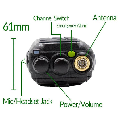 Anytone AT-D878UVII Plus radio top view showing antenna, channel switch, emergency alarm, mic/headset jack, and power/volume knob.