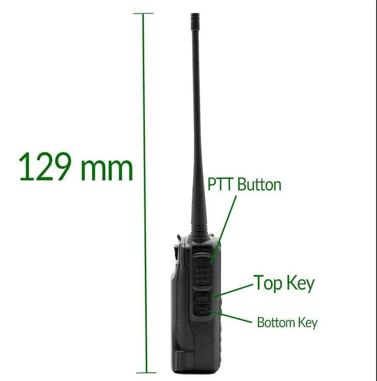 Anytone AT-D878UVII PLUS handheld radio side view with labeled buttons and 129mm height.