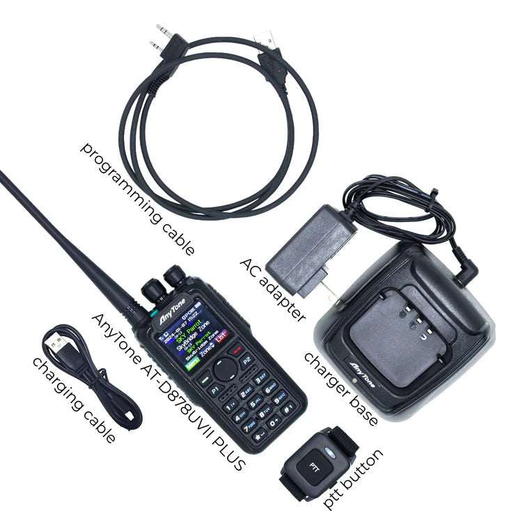 Anytone AT-D878UVII PLUS digital DMR dual-band radio with accessories including programming cable, AC adapter, charger base, and PTT button.