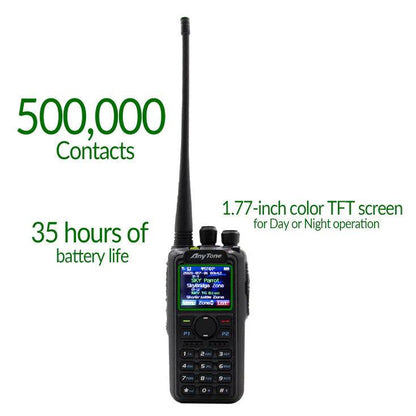 Anytone AT-D878UVII PLUS Digital DMR Dual-Band Handheld Radio with long battery life and color TFT screen.