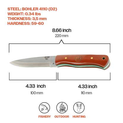 Kam Knife - B40 - D2 Steel - Red and Brown Handle - Fixed Blade