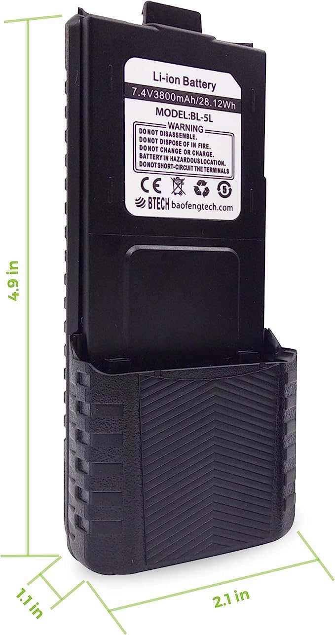 Baofeng UV-5R 3800mAh extended battery with USB-C charging port.