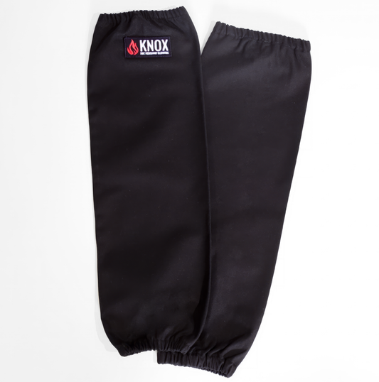 Knox FR Welding Arm Sleeves (Black) with elastic cuffs and flame-retardant fabric.