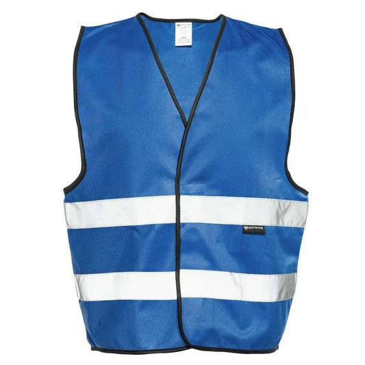 Royal Blue safety vest with two-band silver reflective tape for visibility and hook and loop closure.