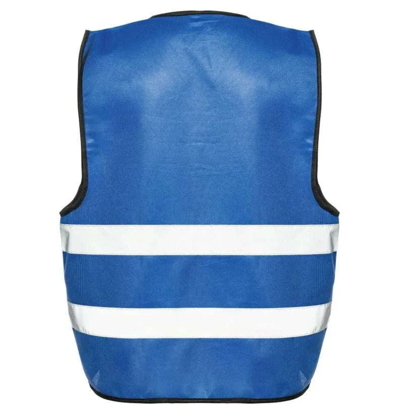 Royal blue safety vest with two-band silver reflective tape, lightweight fabric.