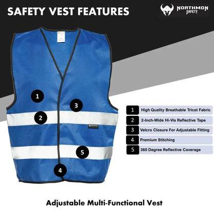 Royal blue safety vest with reflective bands, adjustable fit, and breathable tricot fabric.