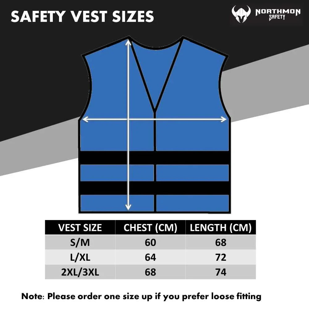 Size chart for Two Band Reflective Solid Safety Vest - 103 Series in Royal Blue.