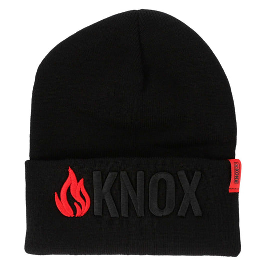 Black Knox Premium Murder Beanie with red embroidered logo, stretchable acrylic knit, featuring snug fitment and durable design.