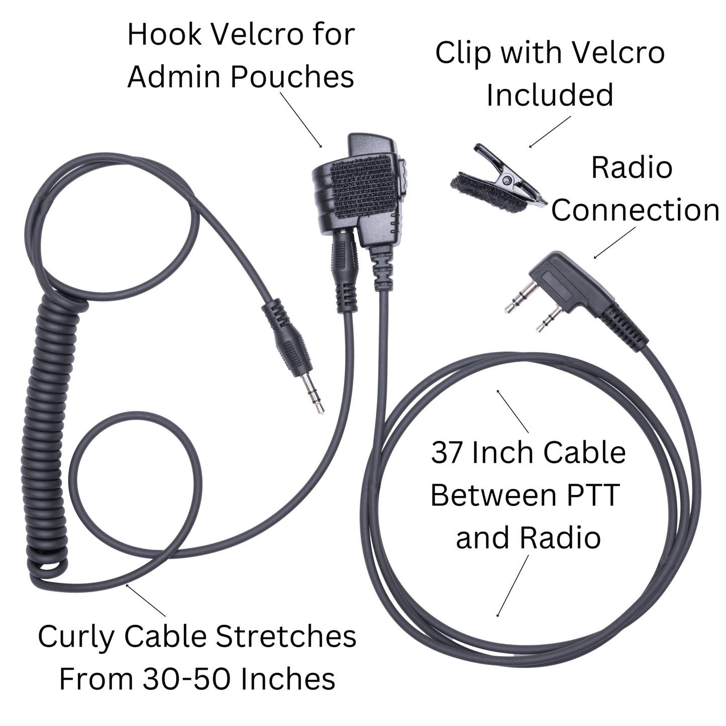 SMC cable for Baofeng and Yaesu radios with Velcro for admin pouches, clip included, 37-inch radio connection cable, curly cable stretches 30-50 inches.