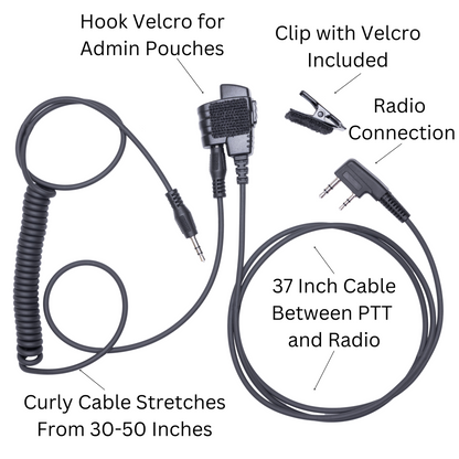 SMC cable for Baofeng and Yaesu radios with Velcro for admin pouches, clip included, 37-inch radio connection cable, curly cable stretches 30-50 inches.