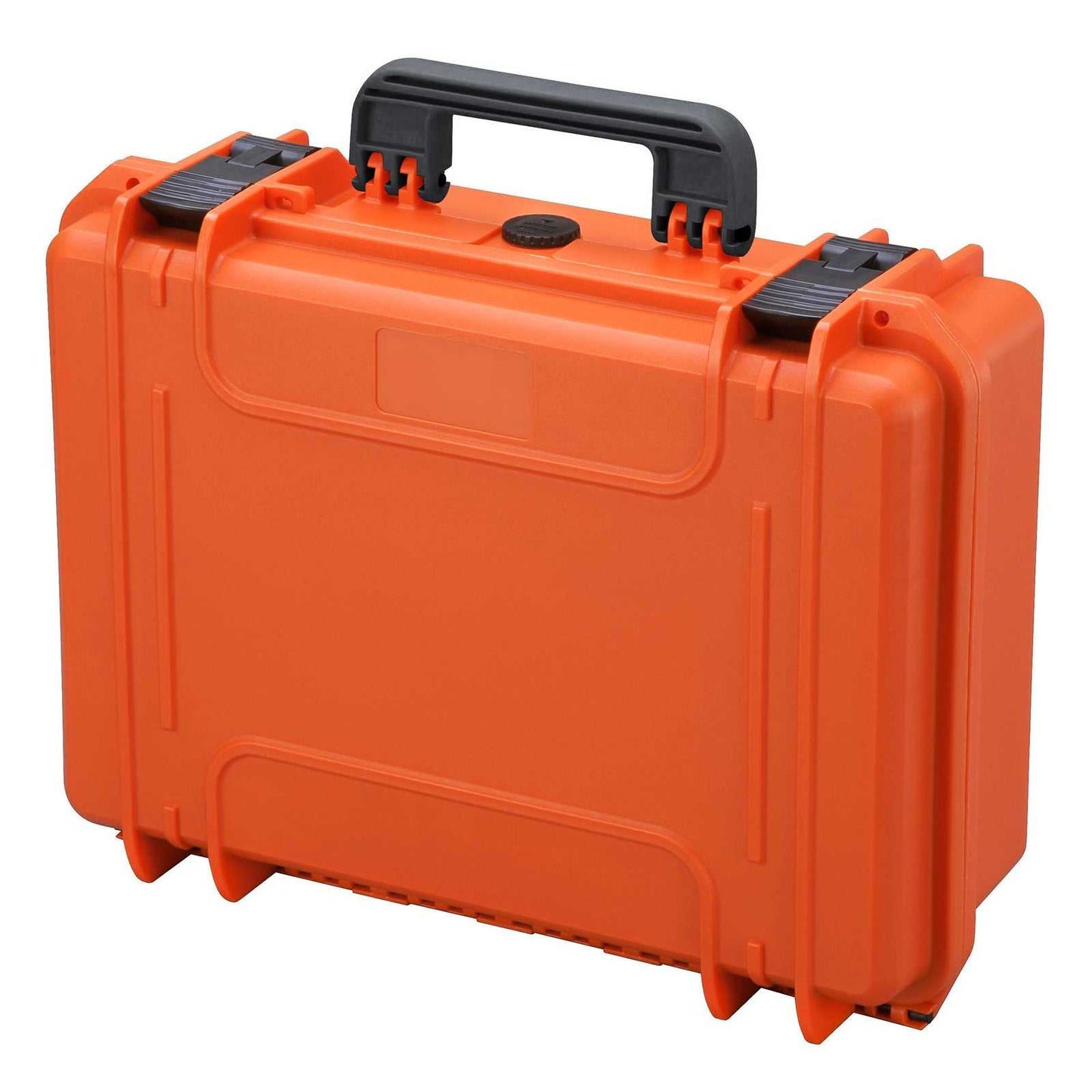 Crushproof, dustproof, waterproof orange storage case with handle and latches, compatible custom foam, dimensions 18.25" x 14.5" x 7".