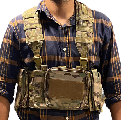 20 pcs Raider Chest Rig with accessories, made from 500D nylon, includes mag pouches, utility pouch, and radio pouch.