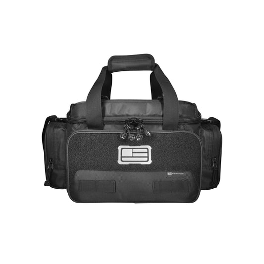 1680D Tactical Range Bag with multiple pockets, compression straps, and MOLLE webbing.