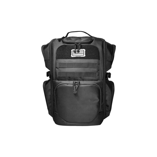 Black 1680D tactical backpack with multiple compartments and MOLLE webbing.