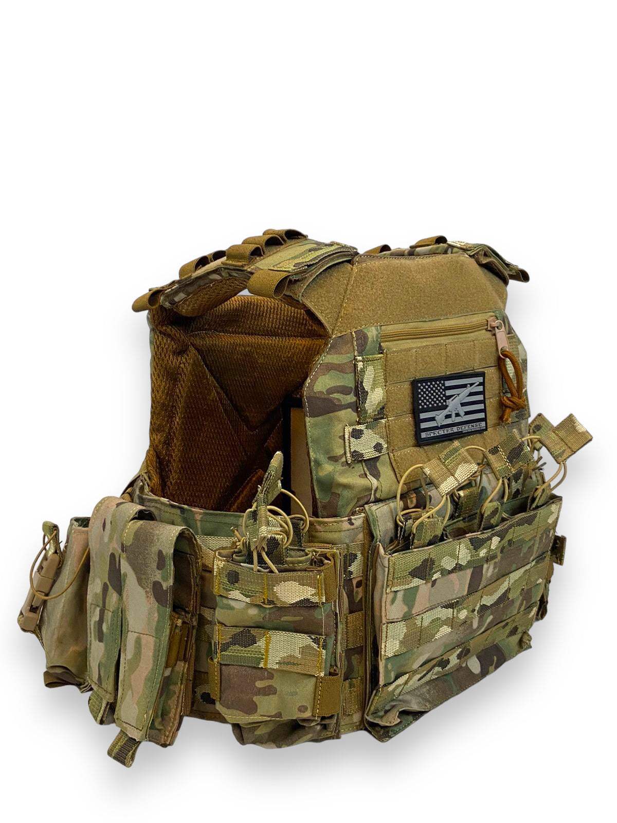 Multicam ballistic plate carrier vest with MOLLE pouches and adjustable straps.