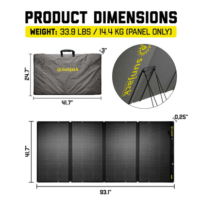 SunJack 400 Watt ETFE Foldable Portable Solar Panel Charger dimensions and weight diagram.