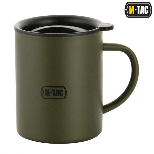 M-Tac 13oz olive thermal mug with stainless steel construction and lid for drinking.