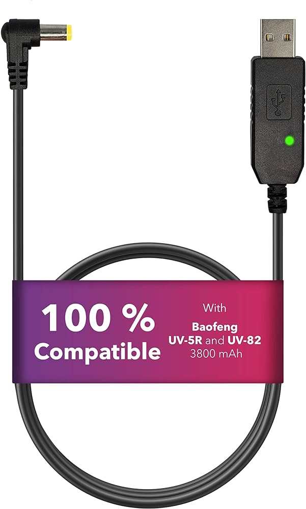 USB charging cable with LED indicator for Baofeng UV5R extended batteries, fast and reliable charging.