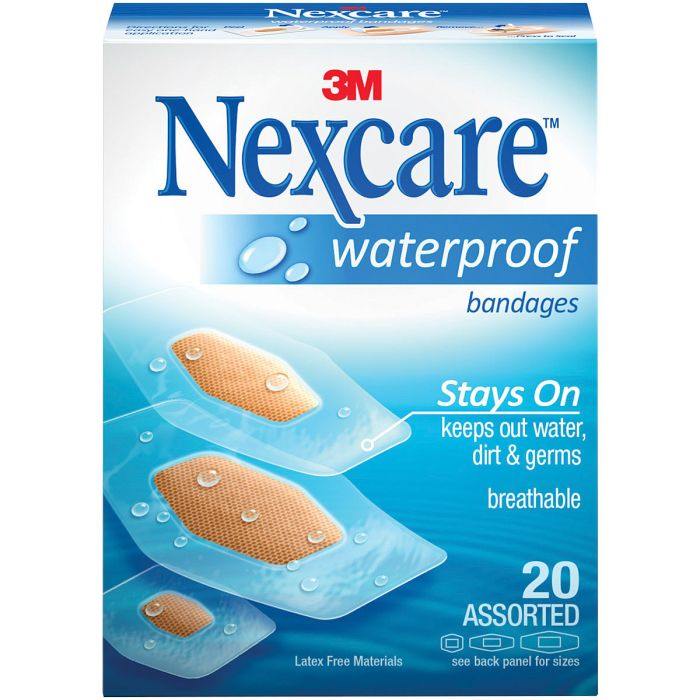 3M NEXCARE Waterproof Bandages packaging showing assorted sizes, 20 count, provides water, dirt, and germ protection.