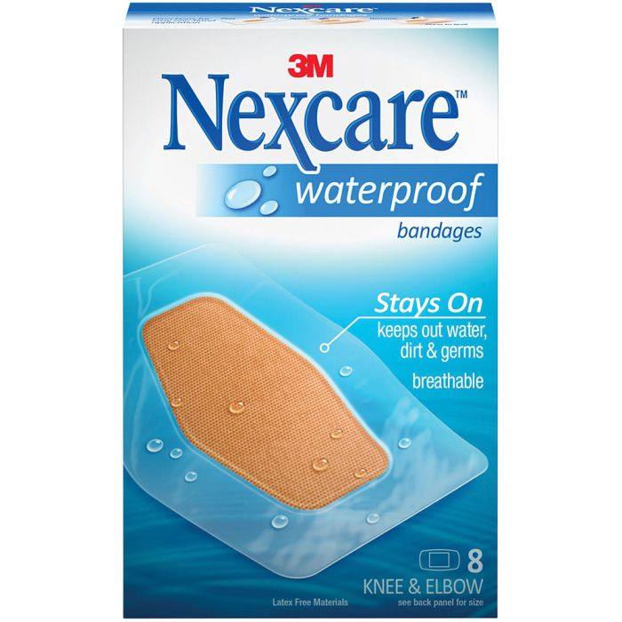 3M NEXCARE Waterproof Bandages packaging with visible dressing, provides protection against water, dirt, and germs.