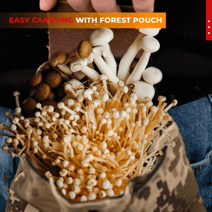 Red Forest Pouch with mushrooms being carried, showcasing durable and comfortable design.