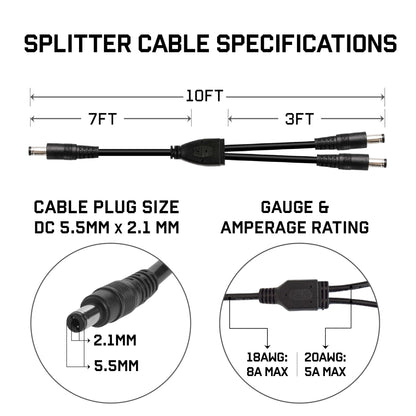 SunJack 10ft Y-Branch Parallel Adapter Splitter Cable, showing cable specifications, plug size, and gauge ratings.