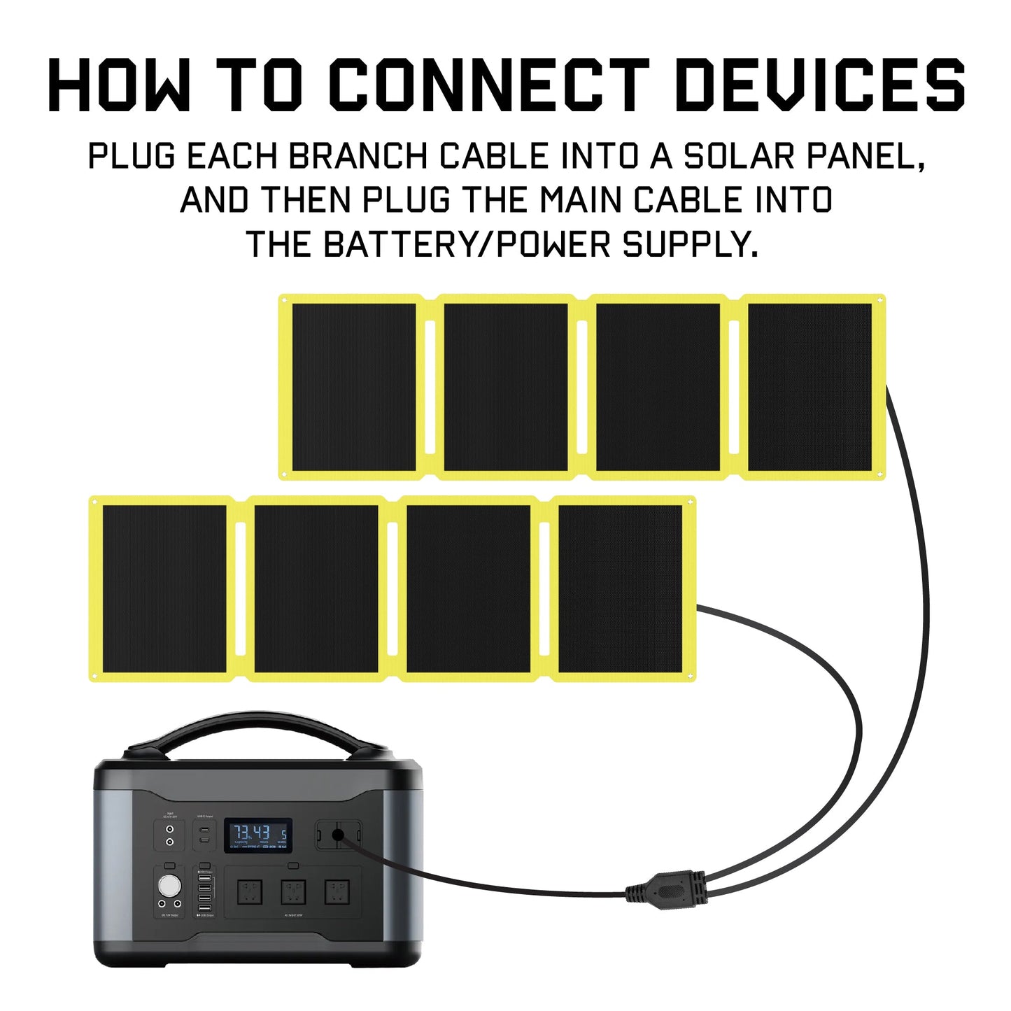 SunJack Y-Branch Parallel Adapter Splitter Cable 10ft connecting two solar panels to a power supply.