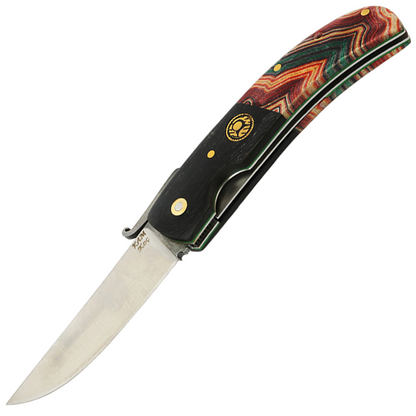 Kam Knife with N690 steel blade and micarta handle, folding pocket knife, ergonomic design for outdoor use.