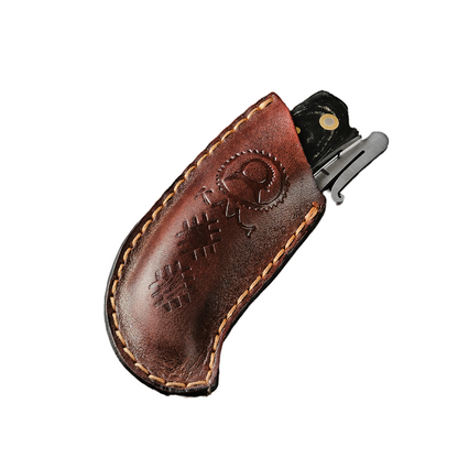 Kam Knife N690 steel pocket knife with Micarta handle in leather sheath.