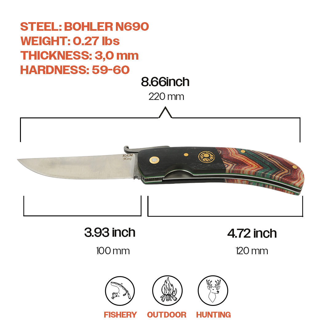 Kam Knife with N690 steel blade and Micarta handle, dimensions labeled, suitable for outdoor activities.