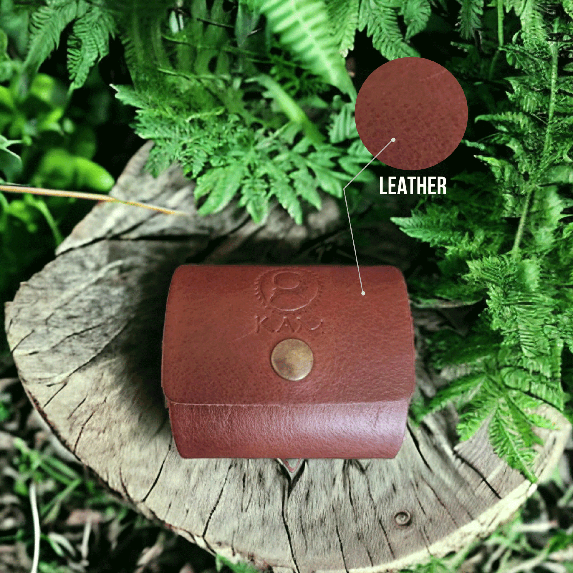 Kam Knife Red Forest Pouch with leather fabric, durable and nature-friendly design on a wooden surface.