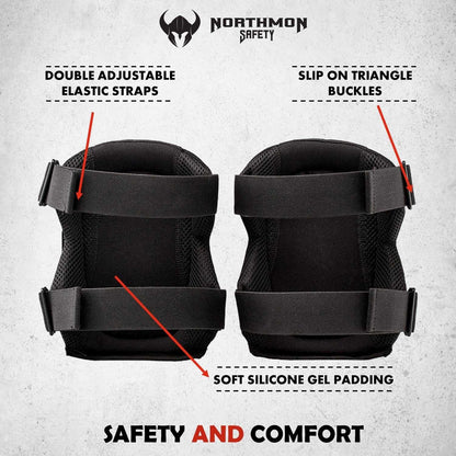 Professional work knee pads with heavy duty foam padding and comfort gel cushion, featuring double adjustable elastic straps, slip-on triangle buckles, and soft silicone gel padding for safety and comfort.