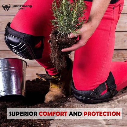 Professional work knee pads with heavy duty foam padding and comfort gel cushion, ideal for gardening and construction.