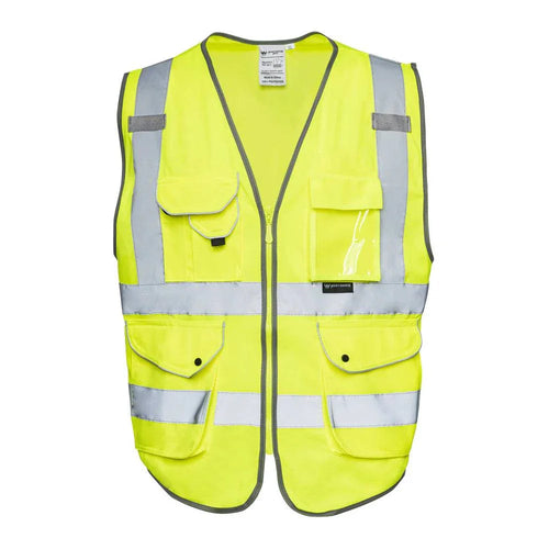 High visibility surveyor safety vest with 9 pockets, ANSI Class 2 compliant, featuring reflective strips and zipper closure in neon yellow.