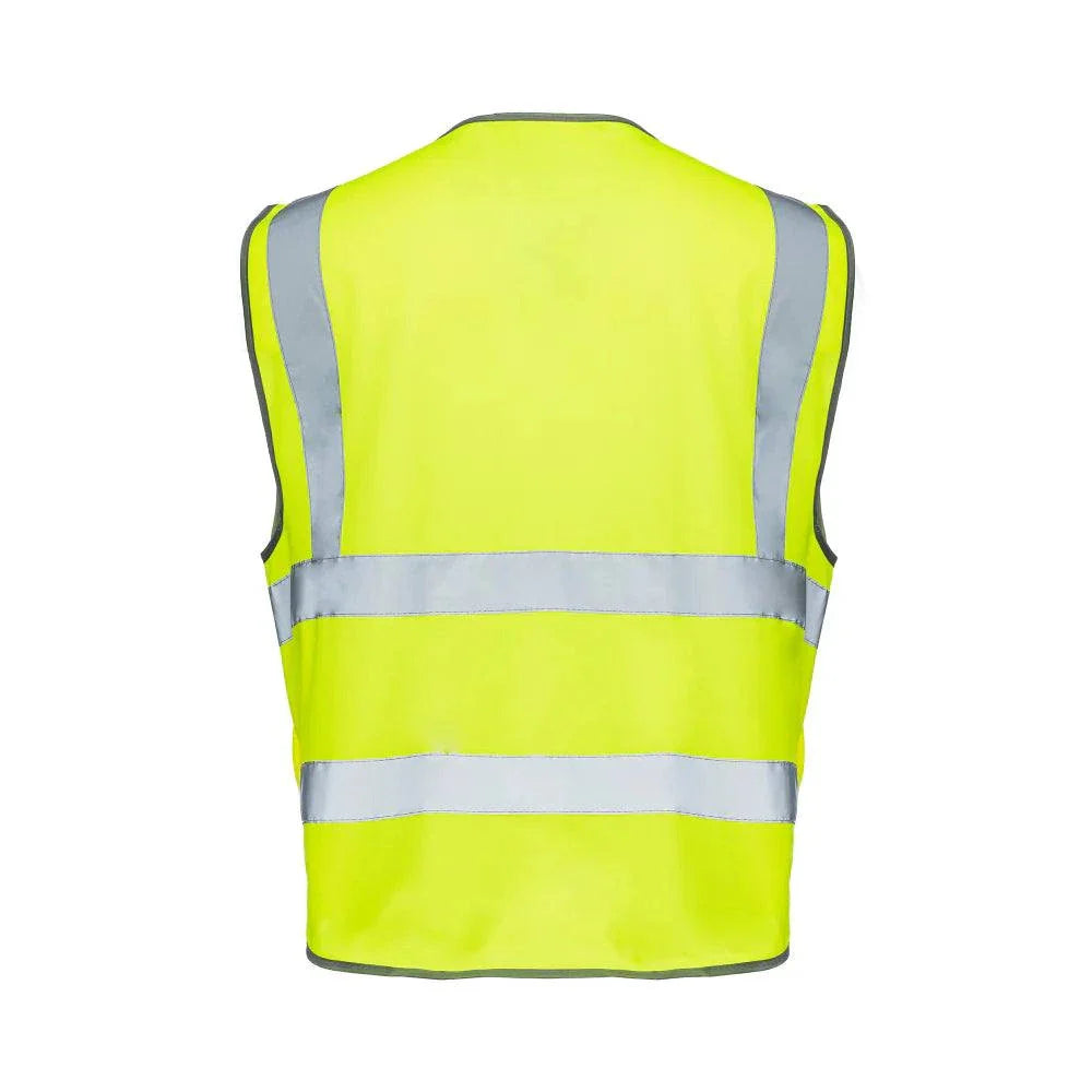 Premium Hi Vis Surveyor Safety Vest with 9 pockets, ANSI Class 2 compliant, bright neon yellow with reflective strips.