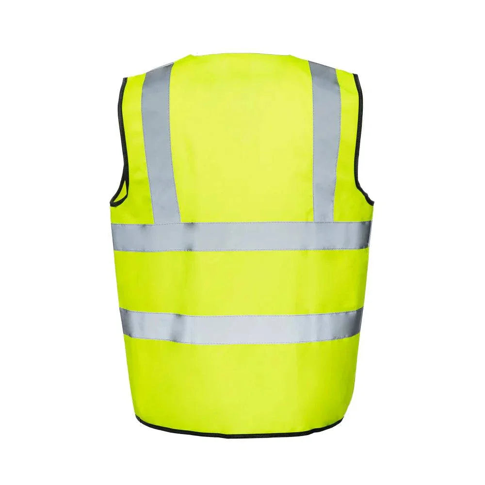 ANSI Class 2 high visibility safety vest with 2-inch reflective bands, neon yellow color, polyester fabric, adjustable hook and loop closure.