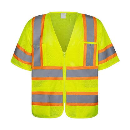 High Visibility Safety Vest Short Sleeve Mesh, ANSI Class 3, 102 Series, Neon Yellow with Reflective Strips, 7 Pockets.