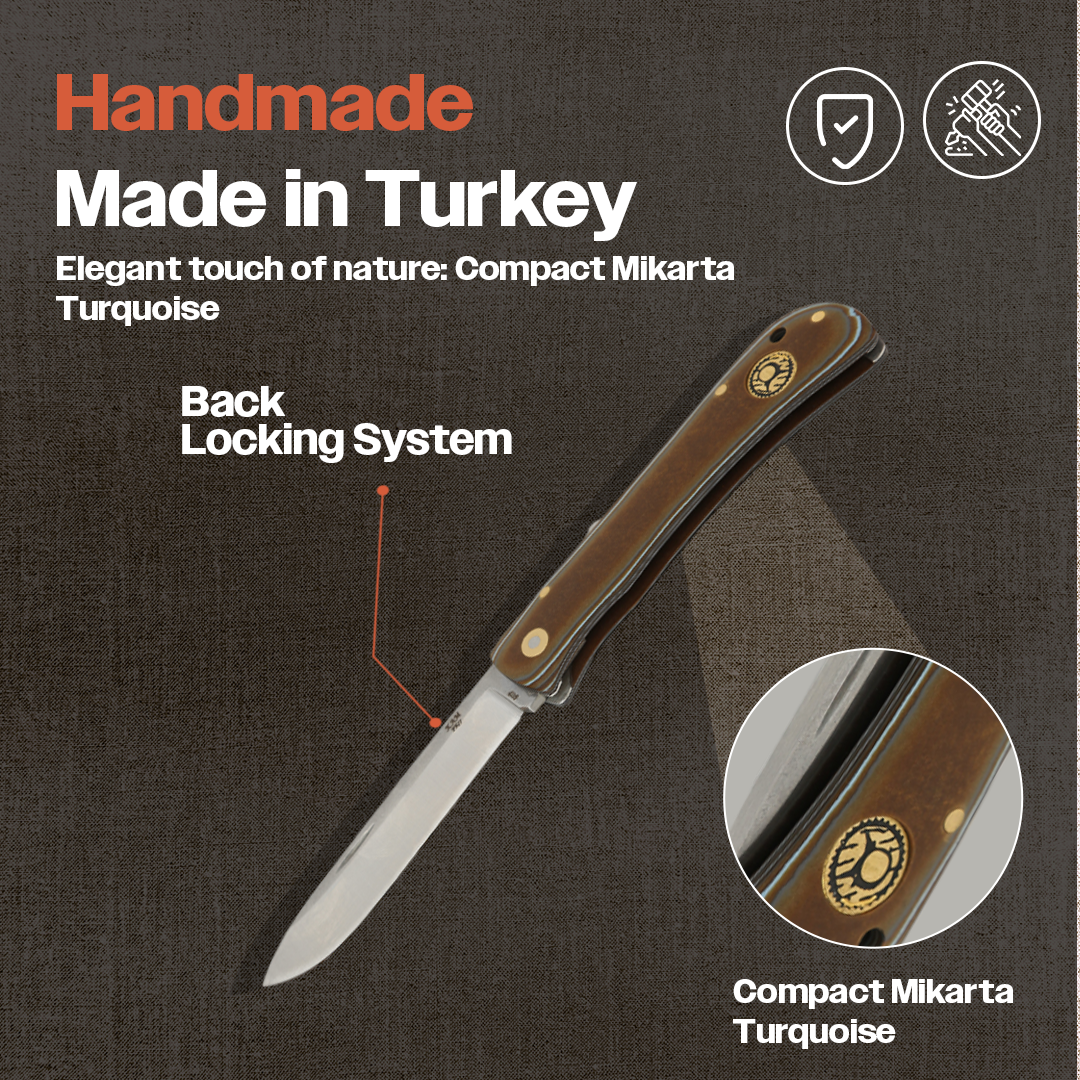 Kam Knife PR77 with Micarta handle and 4116 steel blade, made in Türkiye, featuring back locking system.