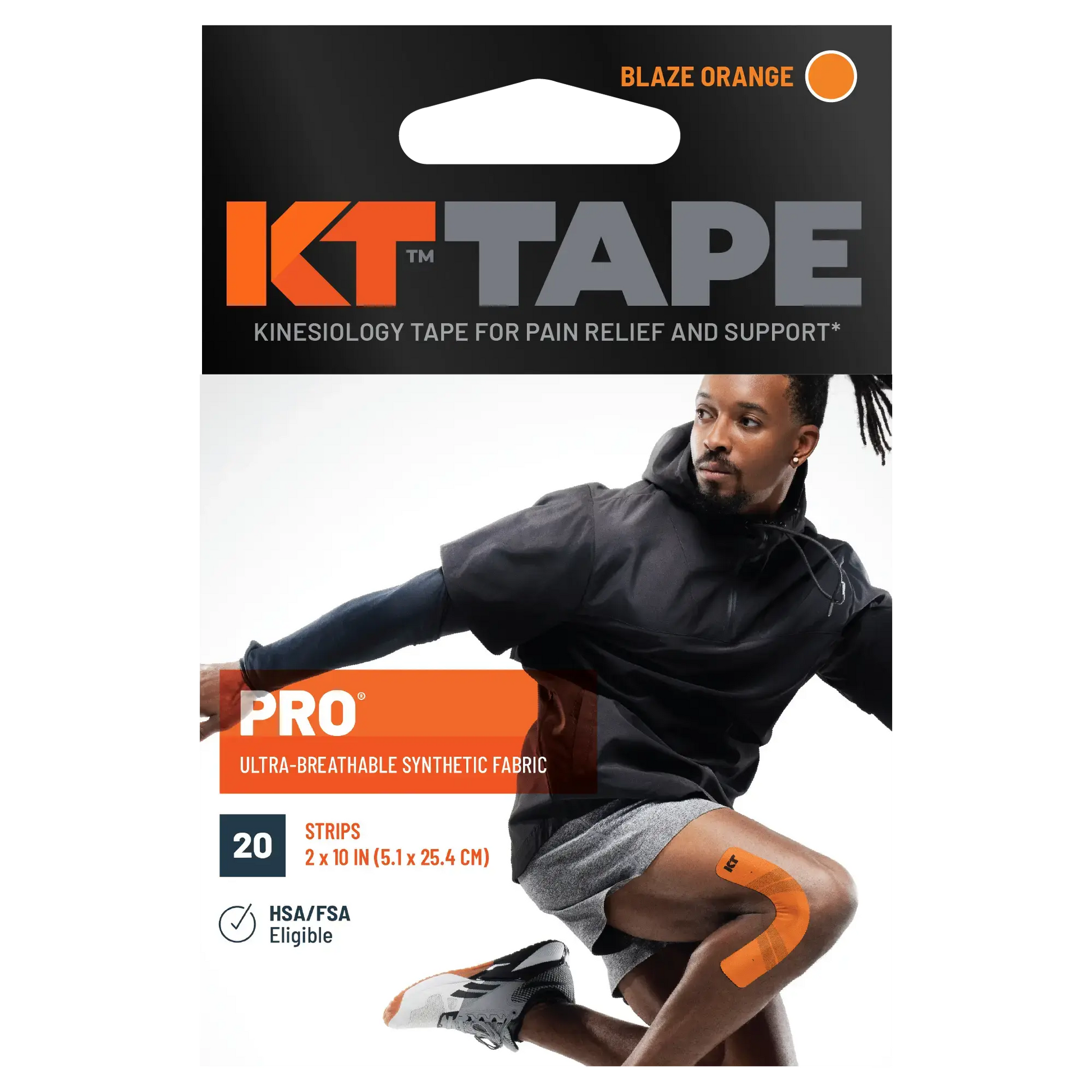 KT Tape Pro® package in Blaze Orange with synthetic fabric strips for support and pain relief.