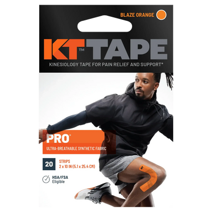 KT Tape Pro® package in Blaze Orange with synthetic fabric strips for support and pain relief.