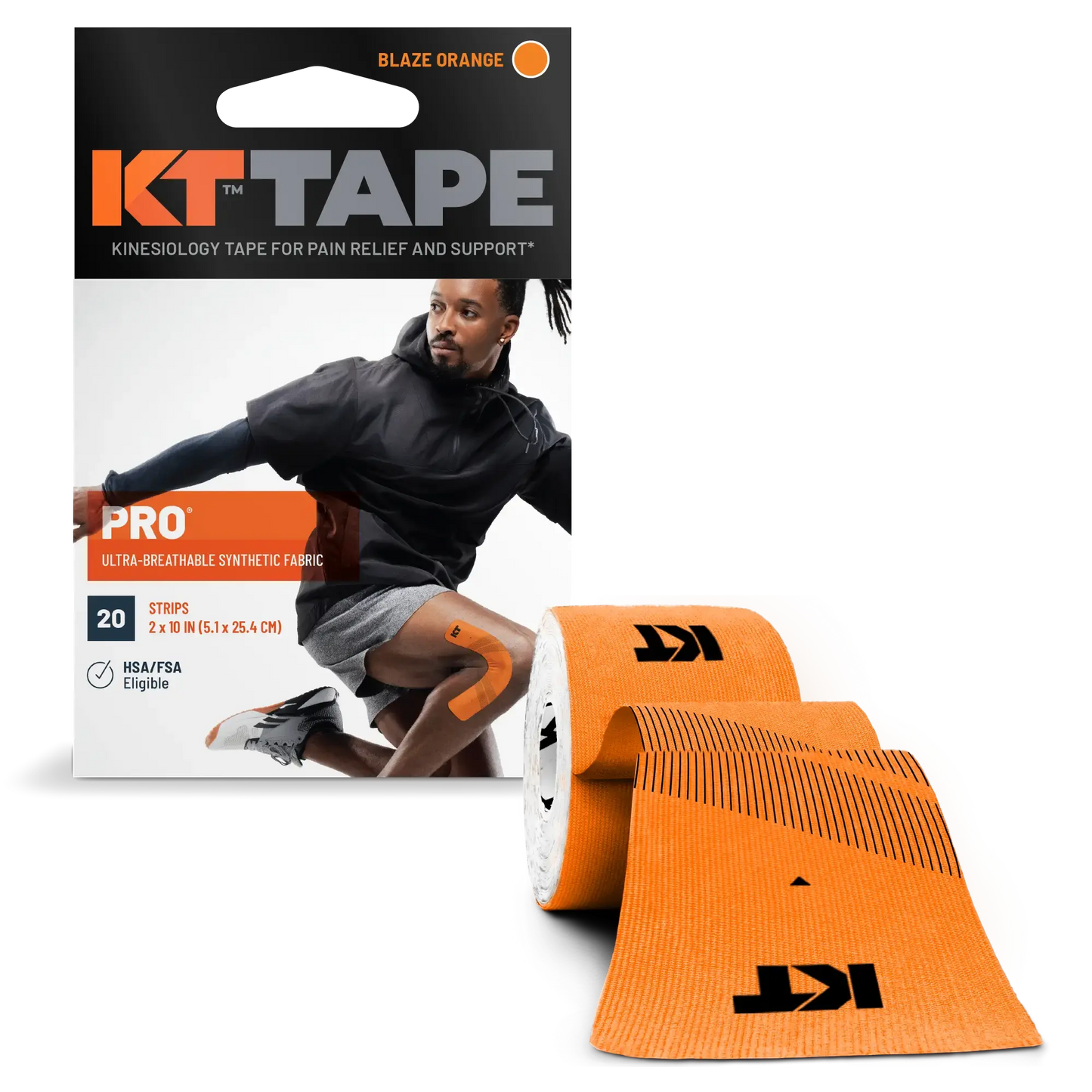 KT Tape Pro in blaze orange, 100% synthetic kinesiology tape for muscle support, featuring pre-cut strips with strong adhesive and elastic core.