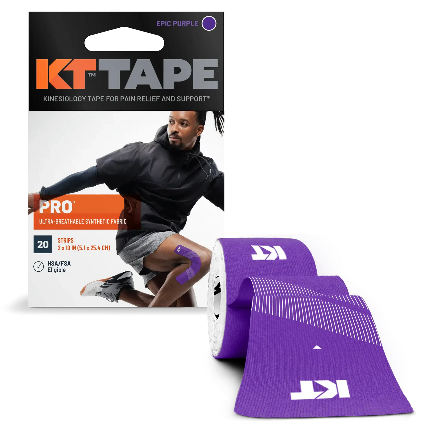 KT Tape Pro long-lasting sports tape in epic purple, with stronger adhesive for muscle support and pain relief.