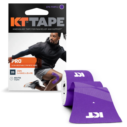 KT Tape Pro long-lasting sports tape in epic purple, with stronger adhesive for muscle support and pain relief.