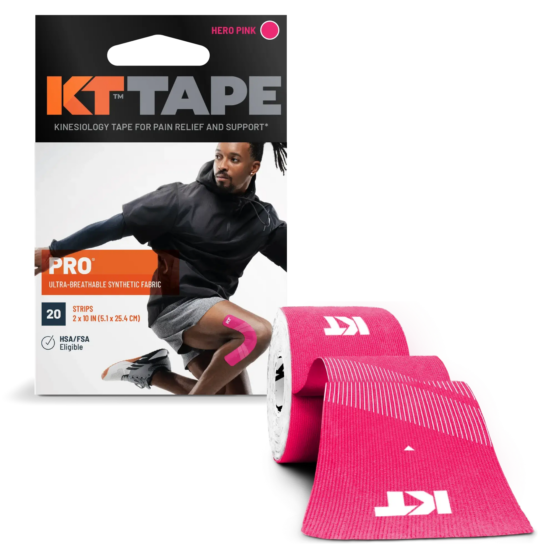 KT Tape Pro - Long-lasting synthetic sports tape in hero pink packaging, ideal for muscle support and pain relief.