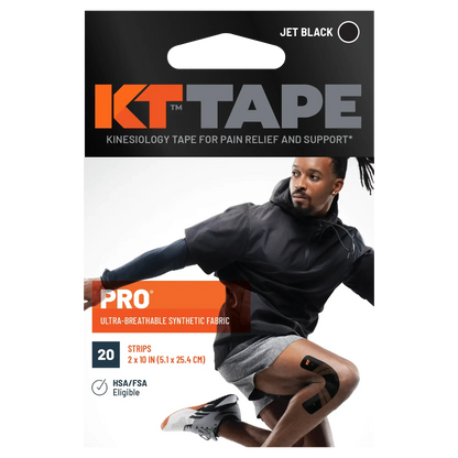 KT Tape Pro sports tape in jet black packaging with athlete demonstrating usage on knee.