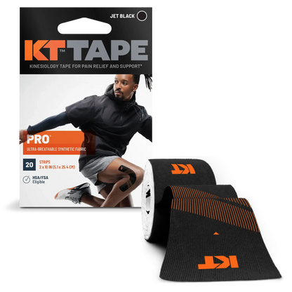 KT Tape Pro – Black synthetic sports tape roll with packaging, designed for muscle support and pain relief.